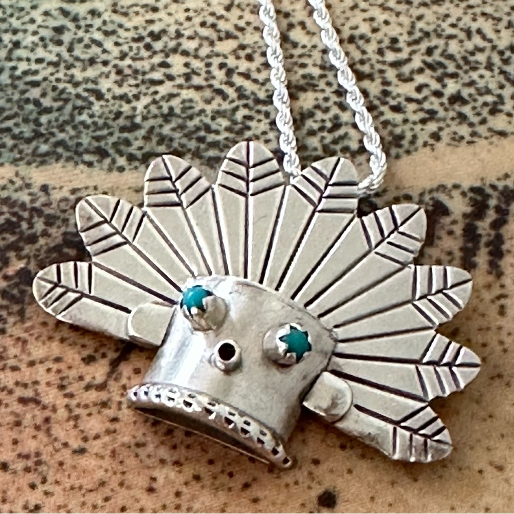 Vintage Sterling Silver Turquoise Kachina Pendant Necklace Native American Style - Picture 8 of 10